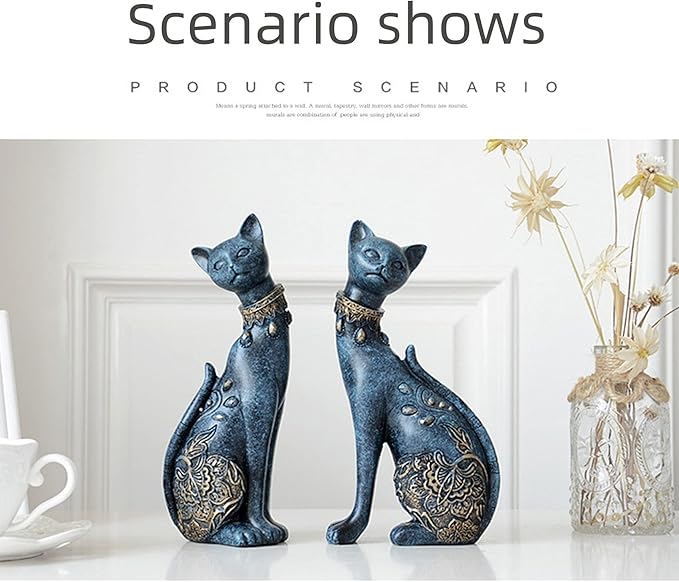 2 Pcs/set Cat Statues Home Decor, Room Decor Cat Figurines and Statues, Couple Cat Statues for Home Decor, Suitable for Living Room Wine Cabinet TV Cabinet Decoration Wedding Gift First Choice (Blue)