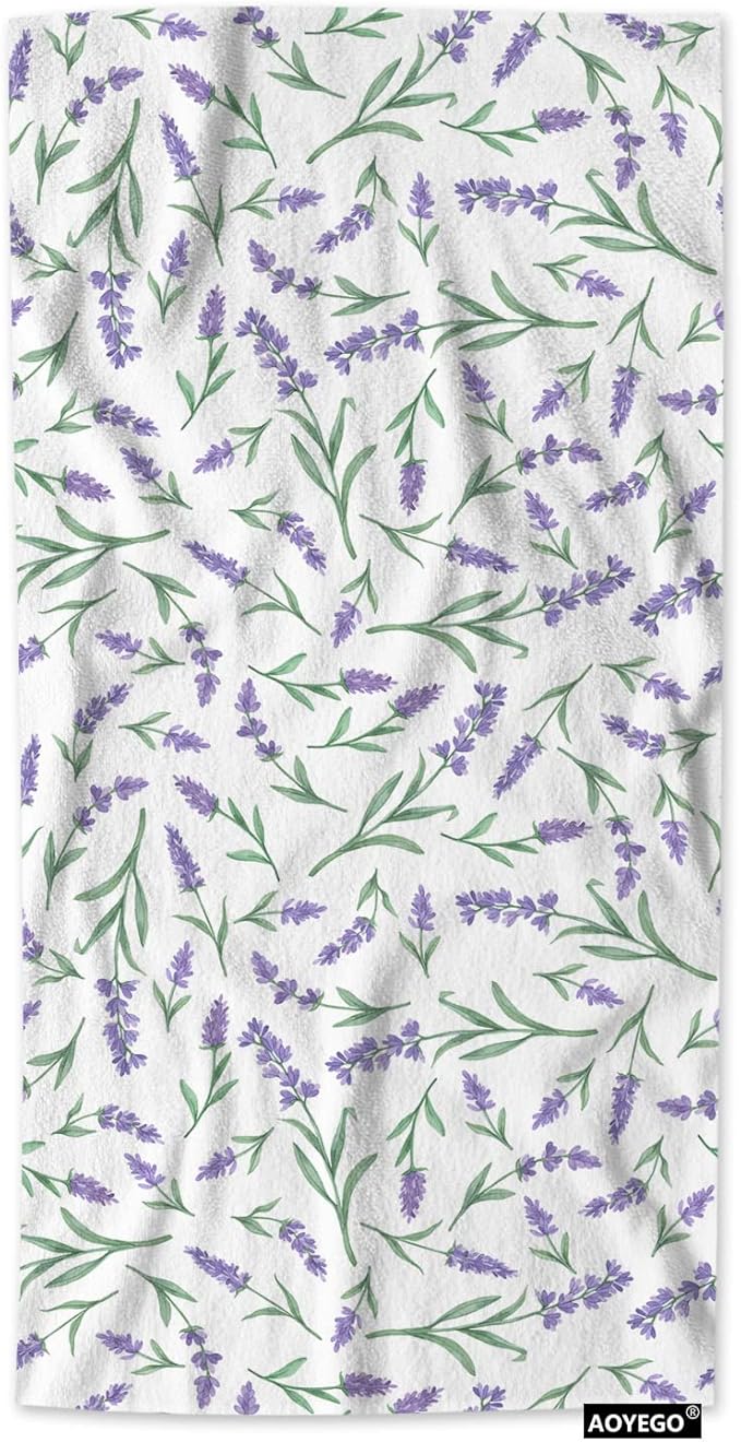 AOYEGO Lilac Lavender Hand Towel Violet Flower Green Leaf Decorative Soft Highly Absorbent Bath Towels Home Hotel Spa Bathroom Towel 15x30 Inch