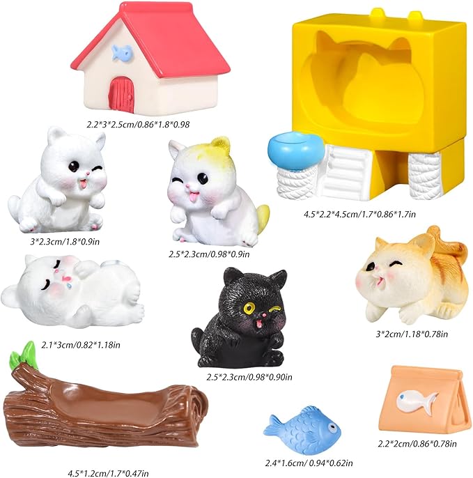 10Pack Mini Cat Figures Playset, Miniature Cute Cartoon Kitty Characters Fairy Garden Toys for Kids Birthday Baby Shower Dollhouse Easter Cake Decorations