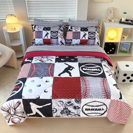 7 Piece Baseball Comforter Set Bed in A Bag Full Size 3D Softball Sports Bedding Set for Boys Kids Microfiber Comforter All Season (1 Comforter, 1 Flat Sheet, 1 Fitted Sheet, 4 Pillowcase)
