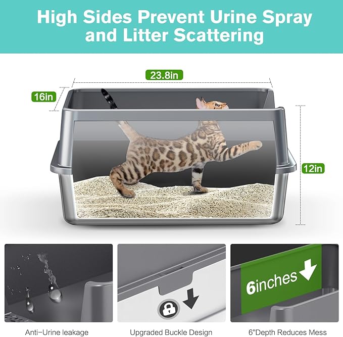 2PACK Stainless Steel Cat Litter Box with High Sides Lid, Extra Large XL Litter Box for Big Cats,Open Top Metal Kitty Litter Box with Anti-Leakage Enclosure,Non-Stick,Odorless,Scoop Included