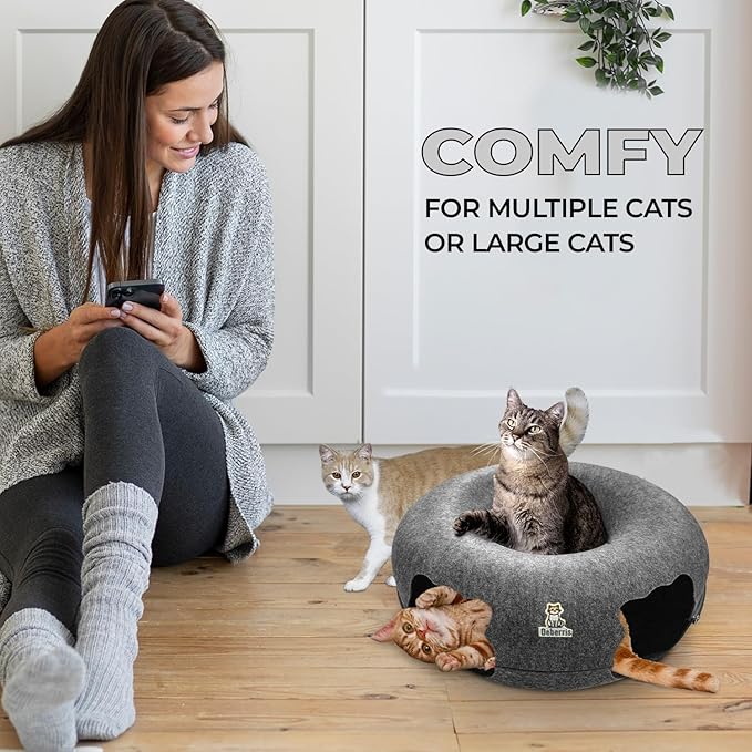 Peekaboo Cat Tunnel Bed-Large, Scratch-Resistant Donut Cave for Indoor Cats Up to 30-45 lbs, Detachable & Washable Design, Perfect Cozy Play & Rest Spot for Cats and Small Dogs (Dark Grey, Large)