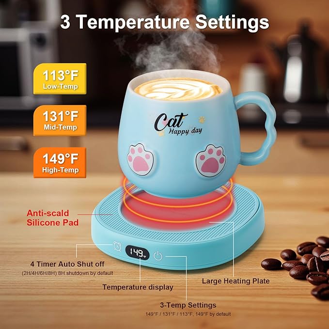 Bsigo Coffee Mug Warmer & Cute Cat Mug Set, Beverage Cup Warmer for Desk Home Office, Coffee Warmer for Cocoa Milk Tea Water, Candle Warmer with Three Temperature Up to 149℉/ 65℃, 8 Hour Auto Shut Off
