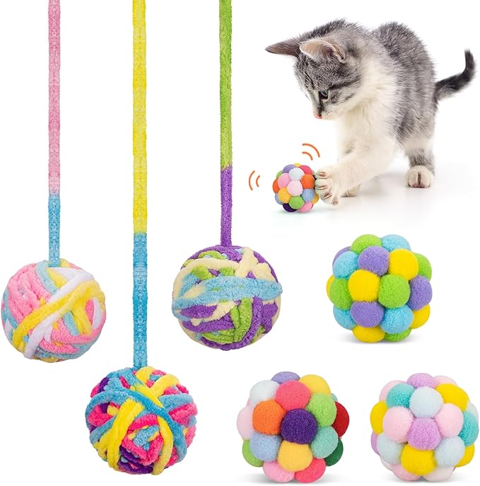 Retro Shaw Interactive Cat Toys for Indoor Cats Kittens,6 Pcs Cat Toy Balls with Bell Inside,Woolen Yarn Ball Kitten Toys for Bored Cats Pastime,Kitty Toys Fuzzy Ball with String