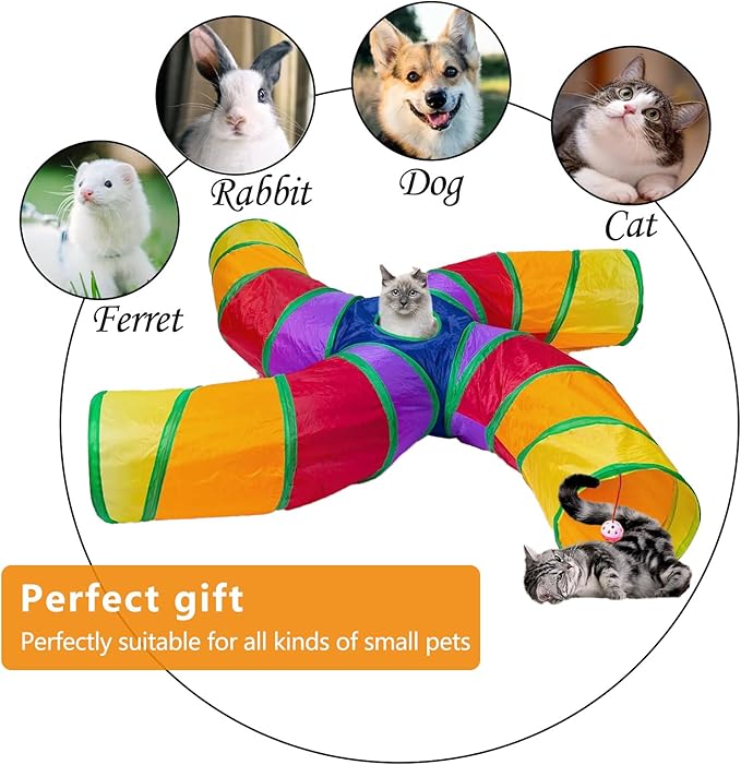 EGETOTA Cat Tunnel for Indoor Cats Large, with Play Ball S-Shape 4 Way Collapsible Interactive Peek Hole Pet Tube Toys, Puppy, Kitty, Kitten, Rabbit (S4 - Multicolor)