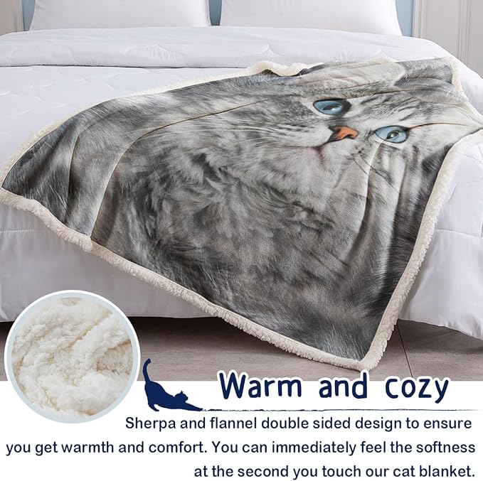 SOULZZZ Gray Cat Blankets for Cat Lovers Kids & Adults Cute Grey Cat Fleece Sherpa Blanket for Bed Chair Couch Travel Cat Themed Gifts for Women & Girls (50x60 Inches)
