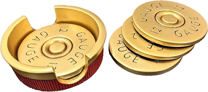 BestGiftEver Shotgun Shell Coaster Set of 4 - Country Coasters for Coffee Bar, Kitchen, and Bar Decoration - Unique Bullet Decor with Red Gold Cast Resin, Great Gift for Hunting Enthusiasts