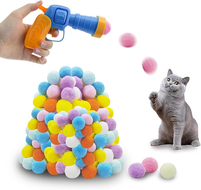 Andiker Cat Toy Balls Set, 30pcs Plush Cat Pom Pom Balls&a Plastic Launcher Set for Cat Catch&Fetch Interactive Cat Toy with Colorful&Soft Cat Balls for Indoor Cats to Keep Fit (Blue 100balls)