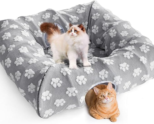110" Cat Tunnel Bed for Indoor Cats, Foldable Large Peekaboo Cat Cave Donut with 4 Toys Balls and 4 Caves Holes for Kittens, Rabbits, Ferret Tunnel and Tubes