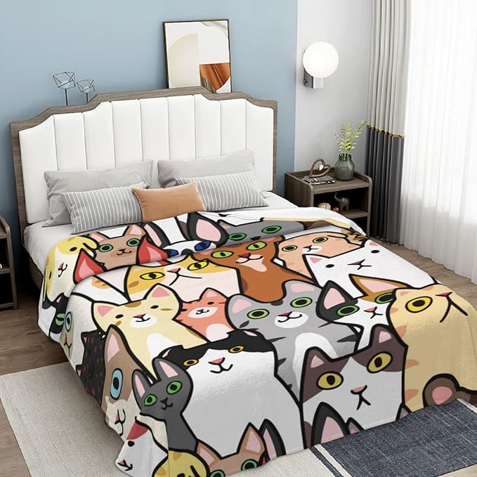 Cat Face Cute Animal Cartoon Blanket, Soft Blankets Flannel Bed Throw Cozy Lightweight Plush Gifts for Kids Boys Girls Women Men Sofa Couch Bedroom Living Rooms Warm All Season, Home Decor, 80"x60"