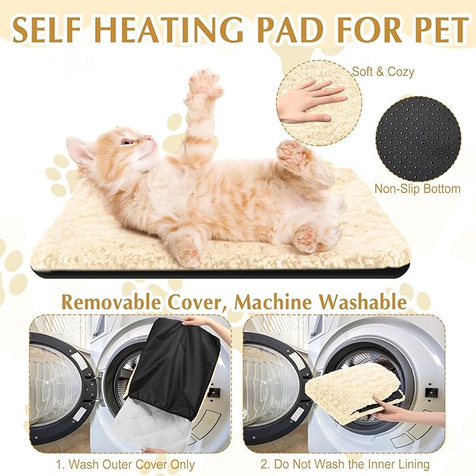 4 Pack Self Warming Cat Pads Self Heating Cat Mat Thermal Pads for Small Dogs Washable Pet Kennel Pad Crate Bed Mat with Removable Covers for Indoor Outdoor Pet (Beige,16 x 20 Inch)