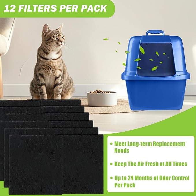 12 Pack Cat Litter Box Charcoal Filters Compatible with Van Ness Cat Litter Box, 4.5 x 6.5Inch Replacement Activated Carbon Premium Odor Filters for Pureness F6 Zeloite Air Filter, Black