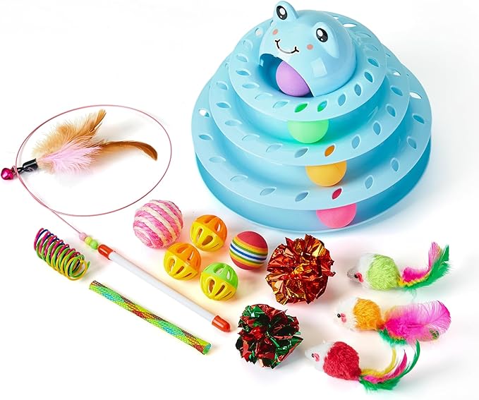 Suhaco Interactive Cat Toys for Indoor Cats Pack of 17 Fun Roller 4 Level Cat Tower with Cute Stickers Turntable Kittens Ball Teaser Toy (Blue 17 Pcs)