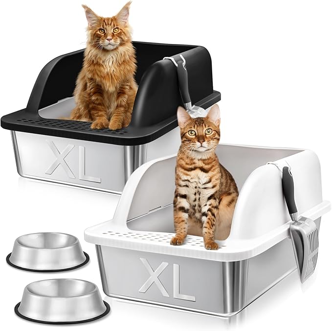 2 Pack Stainless Steel Cat Litter Box with Lid, Enclosed Sides Extra Large Matel Litter Box for Big Cats, XL Steel Litter Pan for Multiple Cats with Cat Litter Scoop, Easy Cleaning