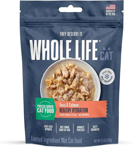 Whole Life Pet Freeze Dried Cat Food - Human-Grade Wet Cat Food Toppers, Natural Broth for Cats, Instantly Hydrating Cat Snacks, Lickable Cat Treats, Just Add Water - Salmon & Tuna, 3 Oz