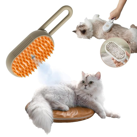 Improved 3-in-1 Steam Grooming Brush for Dogs & Cats: Hair Remover, Cleaning Brush and Massaging, Water Brush for Shedding, Sutiable for indoor Haired Cats, Dogs and Rabbits. (Khaqi)