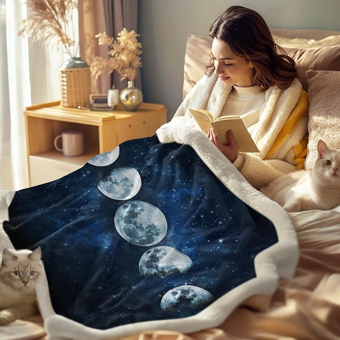 Sleepwish Lunar Eclipse Fleece Throw Blanket for Couch Chair Fuzzy Dark Blue Moon Phases Print Plush Sherpa Blanket for Kids, Throw(50" X 60")