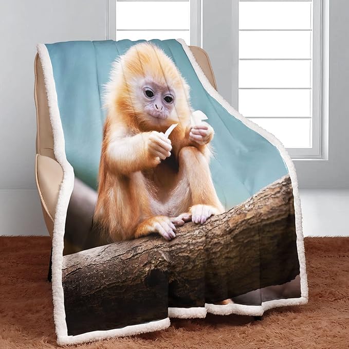 Golden Monkey Sherpa Blanket, Animal Print Fleece Throw Blankets for Couch Sofa Bed, Super Soft Warm and Lightweight, 50" x 60"