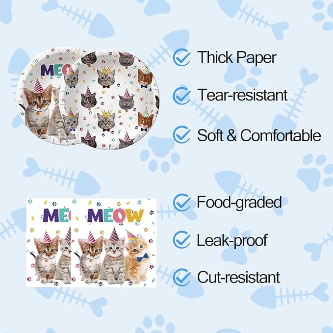 80PCS Cat Party Supplies Cat Kitten Paper Plates and Napkins Party Tableware for Kids Meow Birthday Babyshower Decorations, Serves 40