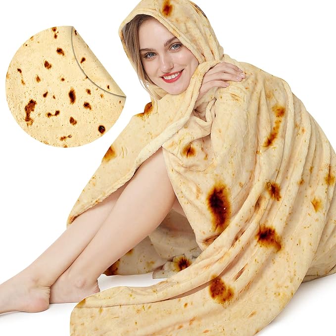 Burrito Tortilla Throw Blanket, 2.0 Double Sided Burritos Taco Tortilla Wrap Blankets for Adults Kids, Giant Funny Realistic Food Blankets, Soft Flannel Round Throw Blanket