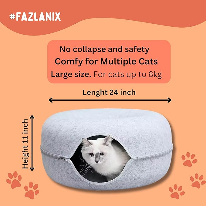 Large Grey Pet Round Tunnel Cave | Toy Hiding Tent for Pets, Kittens, Rabbits, Puppies | Flexible Zipper Detachable Design Size 61x61x28cm, 1,1KG