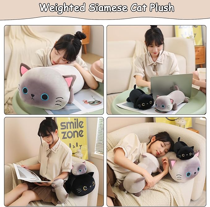 SQEQE Weighted Siamese Cat Plush, Weighted Siamese Cat Stuffed Animal, Cute Plushies Soft Pillow Toy Gift for Kids Adults 9.8 Inch, 0.8 Lbs