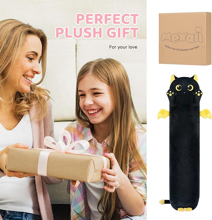 Long Cat Plush Body Pillow, 44” Cute Black Cat Stuffed Animals Plushies, Kawaii Big Squishy Plush Toys Gift for Kids Girls Boys