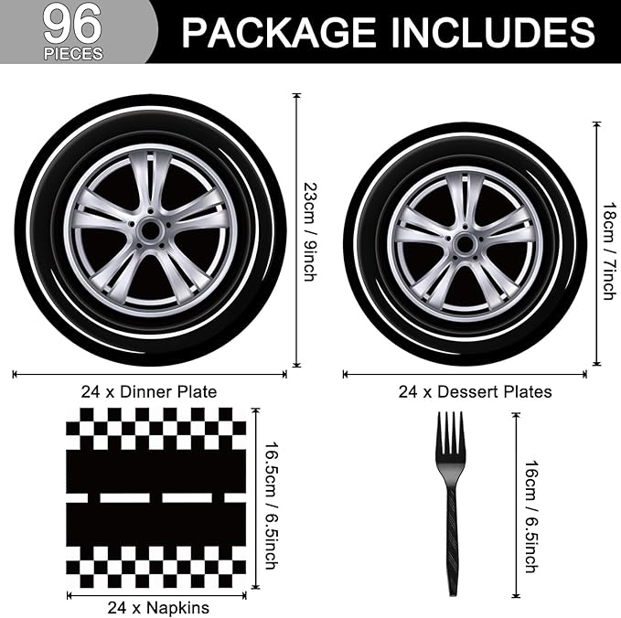 96 Pcs Race Car Party Plates and Napkins Sets, Racing Car Race Track Party Supplies Disposable Tableware Decorations Racing Wheel Sports Themed Dinnerware for Boys/Kids Birthday Party, Serves 24