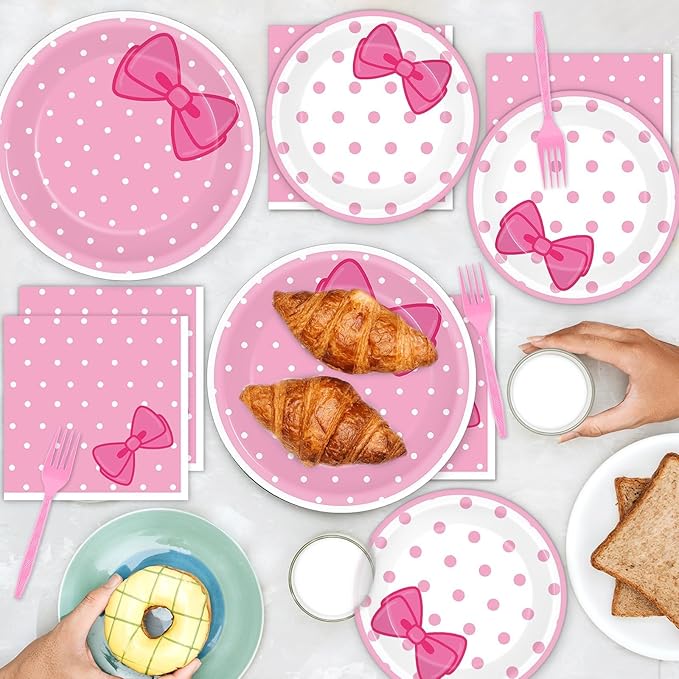 96 Pcs Pink Cat Party Supplies Pink Bow Plates and Napkins Tableware Set Decor Cute Cat Cake Dessert Plates Table Decorations for Birthday Baby Shower Cute Bow Party Favors for 24 Guests