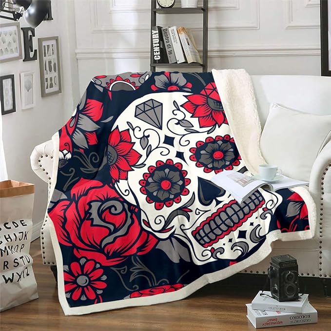 Floral Sugar Skull Fleece Throw - 50"x60" Flowers Printed Sherpa Blanket - Decorative Microfiber Gothic Skeleton Plush Blanket - Scary Horror Design - Red Black Fuzzy