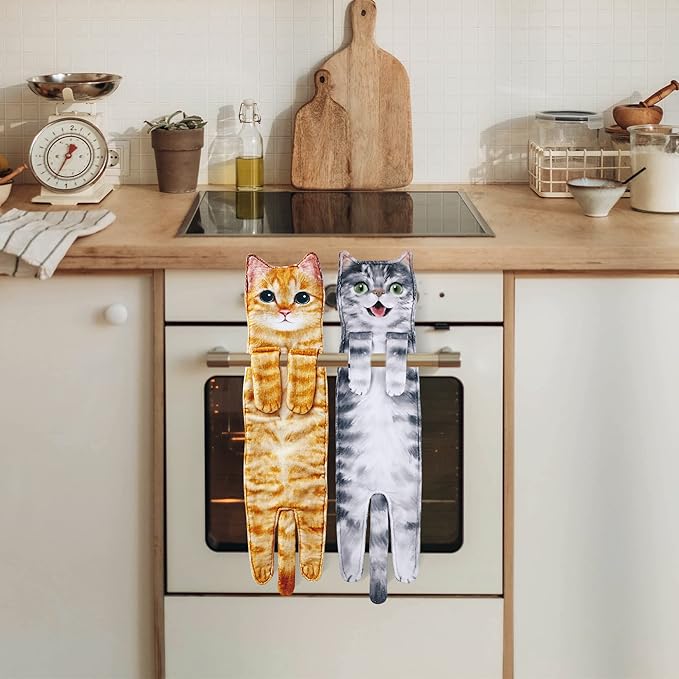 Cat Funny Hand Towels for Bathroom Kitchen- Cute Decorative Kitten Decor Hanging Face Towels- Unique Housewarming Valentines Mothers Birthday Gifts for Women Mom Cat Lovers