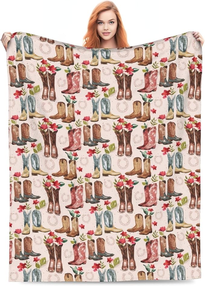 Western Cowboy Blanket Country Cowboy Boots Throw Blanket Super Soft Cozy Plush Lightweight Fleece Flannel Flower Decor Blanket Gifts for Girls Boys Women Men Adults for Sofa Couch 50"X60"