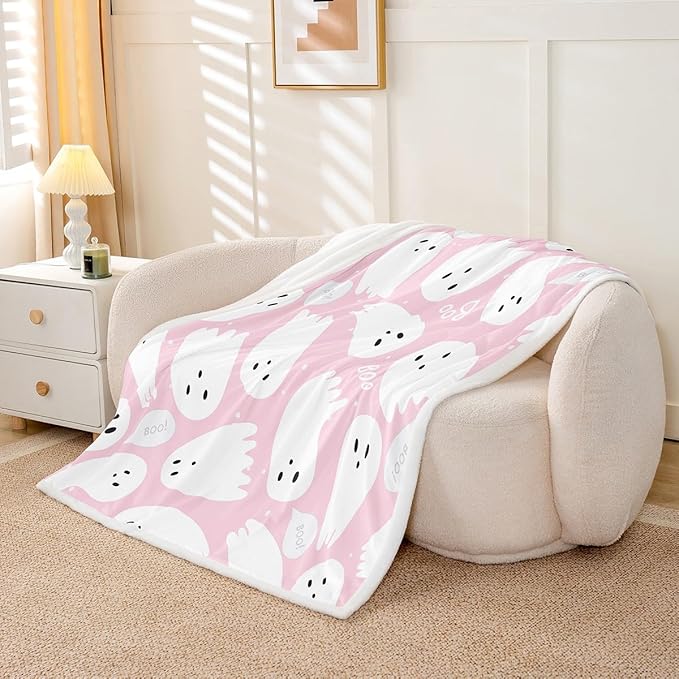 Pink Halloween Sherpa Blanket Baby 30"x40" Cartoon Pink Ghost Fleece Throw Blanket for Bed Sofa Couch Kids Kawaii Cute Plush Blanket Pink Fuzzy Blanket Bedroom Flannal Blanket