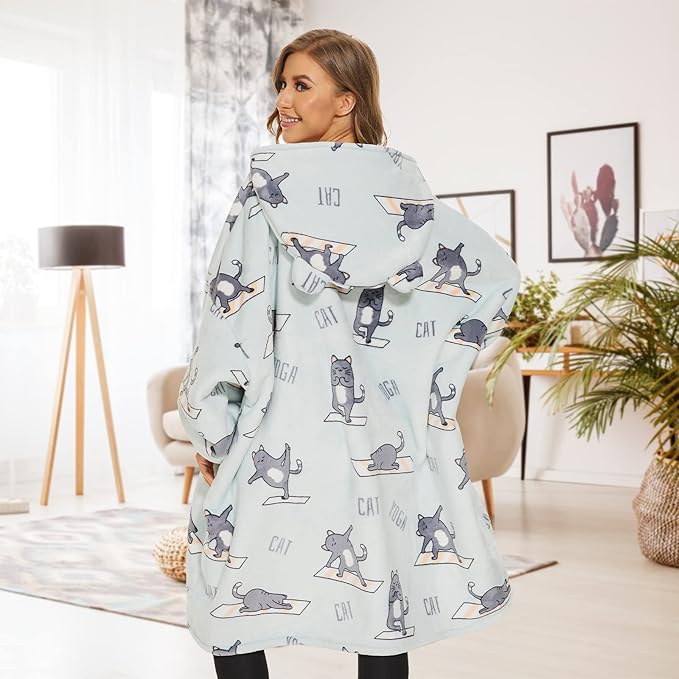 THREE POODLE Wearable Blanket Hoodie for Women, Oversized Sherpa Sweatshirt Blanket for Adults Men, Warm Cozy Cat Hooded Blanket, Gifts for Mom Girlfriend Sister