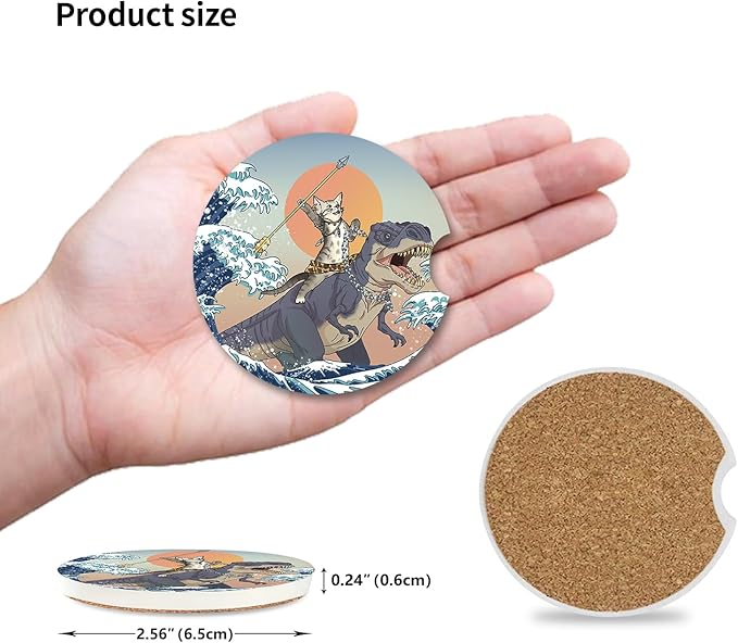 Car Coasters Pack of 2,Absorbent Ceramic Car Coasters Set for Women/Men,Drink Cup Holder Coasters,with A Finger Notch for Easy Removal(Cat and Dinosaur)