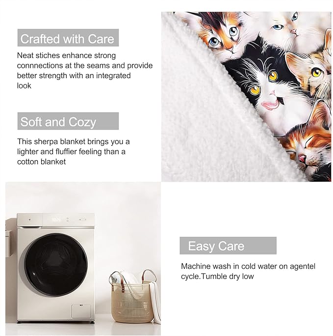 Cats Sherpa Blanket, Cute Kittens Fleece Throw Blankets for Couch Sofa Bed, Super Soft Warm and Lightweight, 60" x 80"