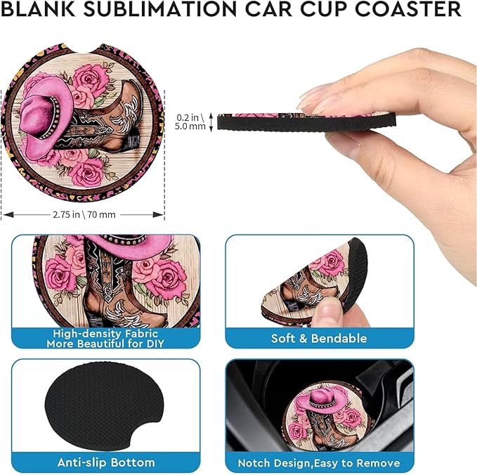 Car Coasters for Cup Holders,2 Pack Western Cowboy Hat Boots Car Coasters,2.75" Universal Size Anti Slip Rubber Mat,Automotive Cup Holder Decal Decor Accessories,Gifts for Women,Men,Mom