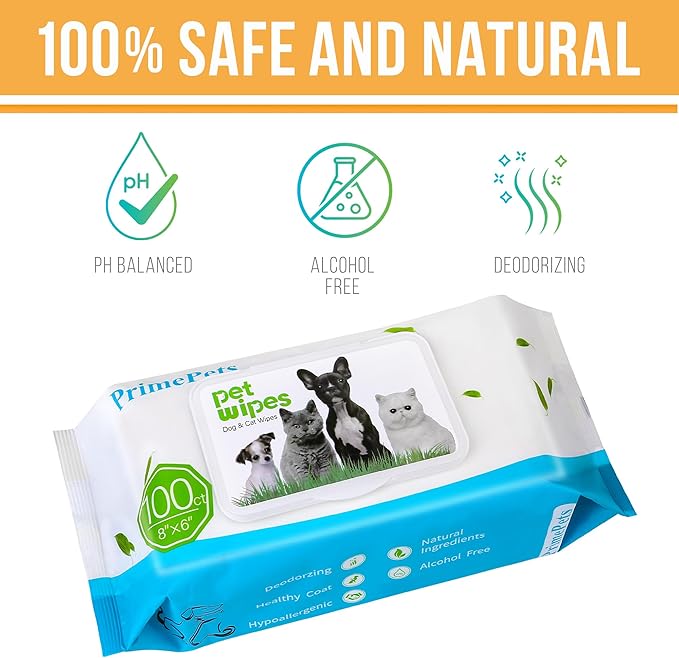 PrimePets Dog Grooming Wipes, 600 Count, 6x8 Inch Deodorizing Wipes for Dogs & Cats, 100% Fragrance Free, Natural Pet Wipes for Cleaning Face Bum Eyes Ears Paws Teeth, Dog Wipes