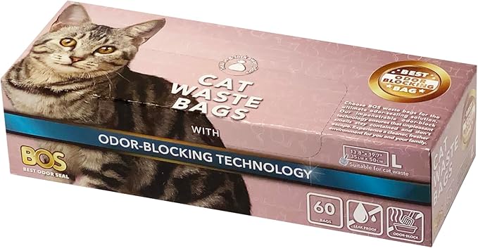 BOS Odor-Sealing Cat Poop Bags for Pet Waste & Kitty Litter - Disposal Bags - Scent & Smell Free (60 Bags) [Size: L, Color: Light blue] ★Brand-new packaging!! ★NOT a litter box liner
