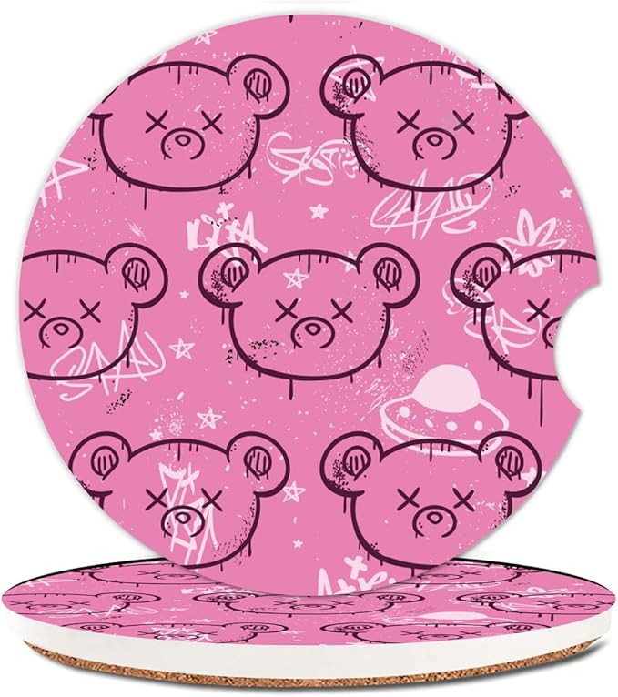 Absorbent Car Cupholder Coaster 2 Pack, Cute Car Coasters with a Finger Notch for Women & Men,2.56" Ceramic Stone & Non-Scratch Cork Base Drink Coasters, Cute Auto Accessories Gifts