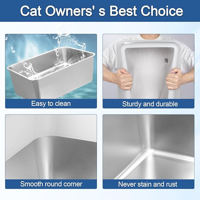 14" High Stainless Steel Cat Litter Box with Lid, Metal Litter Box for Big Cats, Stainless Steel Cat Litter Box for High Peeing Cat, XL Litter Box Easy to Clean, Non-Sticky, with Scoop