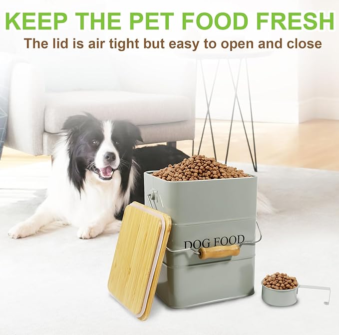 Dog Food Storage Container Dog Treats Jar, Metal Food Treats tin for Dog, pet Snacks Canisters with Wooden lid/Handle/sevice Scoop,Hold 5-6 lbs-Green