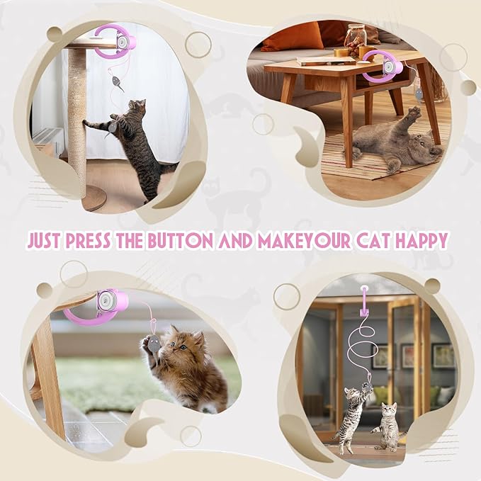 Cat Toy Interactive for Indoor Cats, Smart USB Rechargeable Door Hanging Automatic Retractable Kitten Toys, Teaser Electronic Self Play Feather Cat String Toys Attached with 3 Catnip Mice Pink