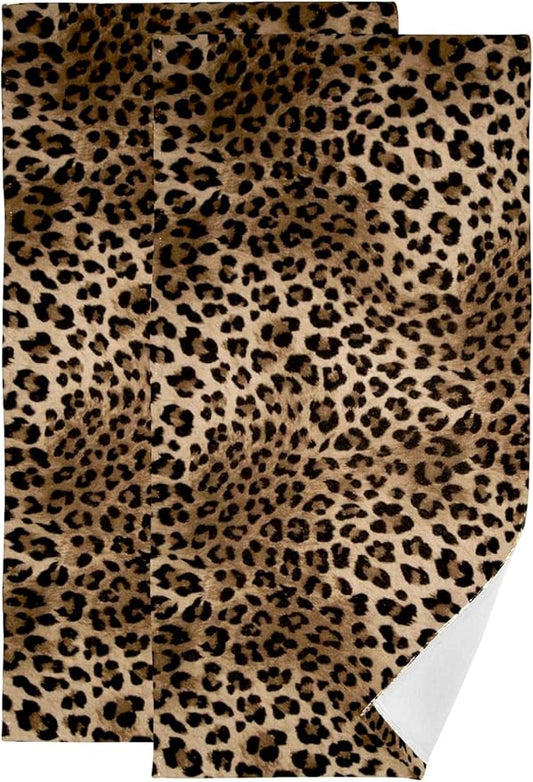 Brown Leopard Hand Towels for Bathroom,2 Pack Black Cheetah Kitchen Towels 14"x28" Soft Absorbent Wild Savannah Animal Print Bath Towels Decorative Bathroom Towels for Guest,Face,Shower,Gym