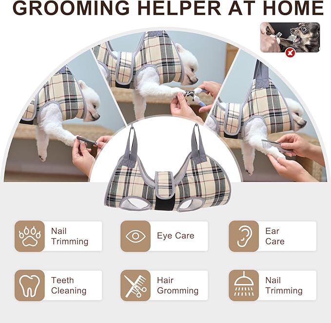 BEAUTYZOO Dog Grooming Hammock for Small Dogs Cat- Dog Sling for Nail Trimming/Clipping- Dog Hanging Harness Holder with Thick Fabric Neck Support & Strap Restraint Claw Care, Beige S