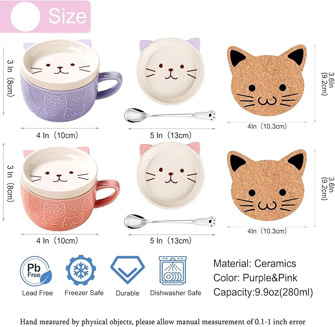 2PCS Cute Mug Kawaii cat Tea Cup Ceramic Coffee Mug with lid,Tea Cups and Saucers for Dessert Tea Mug Cute Gifts Cat lover gifts for women Anime gifts for women Christmas Gifts 10oz (Pink +Purple)