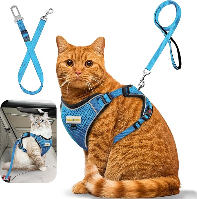 Cat Harness and Leash for Walking, Retractable Cat Harnesses and Leash Set Escape Proof, Breathable Soft Kitten Harness Small Large Cat Harness for Travel Training and Walking, Blue, S