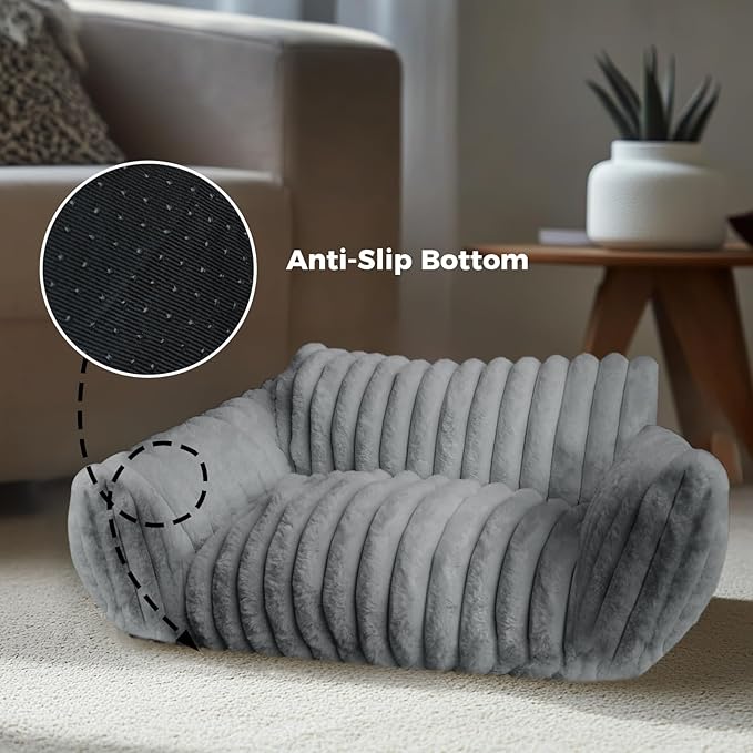 Cat Couch Bed for Pets, 24IN Cat Beds with Premium Soft Corduroy Fleece, Cute Waterproof Cat Sofa with Cotton for Small Medium Dogs & Kittens with Removable Washable Cover (Warm Grey)