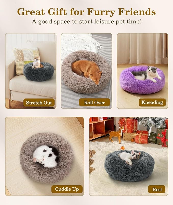 Round Dog Bed for Small Dogs, Donut Cuddler Plush Cat Calming Bed with Machine Washable, Non-Slip Fluffy Dog & Cat Calming Cushion Bed for Joint-Relief and Sleep Improvement, S Size, Dark Grey