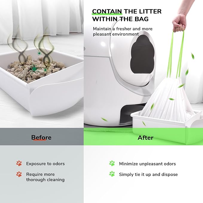 65 Count Drawstring Cat Litter Bags for Most Auto Self-Cleaning Litter Box, Extra Thick Pet Litter Drawer Liners Replacement, Durable Cat Waste Bags, Unscented, 25.6'' W x 15.7'' H